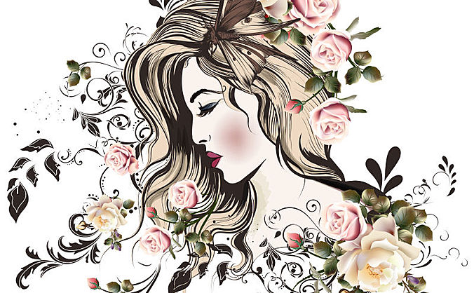 矢量玫瑰装饰的长发美女