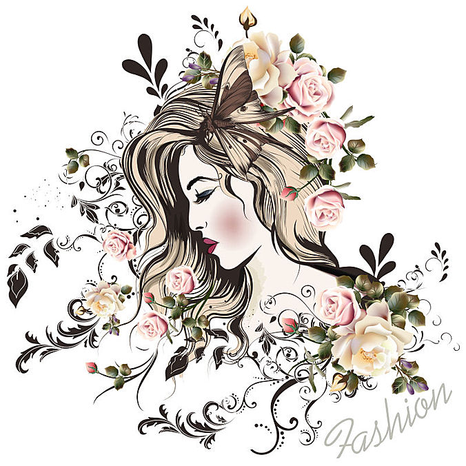矢量玫瑰装饰的长发美女