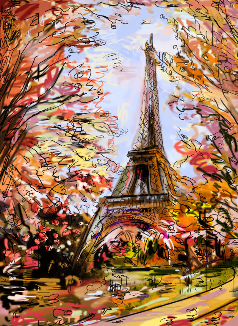 巴黎秋季埃菲尔铁塔插画